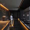 Minimalist Modern Restaurant with Dark Wooden Walls Hanging Glass Lantern Lights Black Tables and Ceramic Bowls