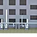 Outdoor Industrial Equipment With Pipes And Ventilation Systems Near Building