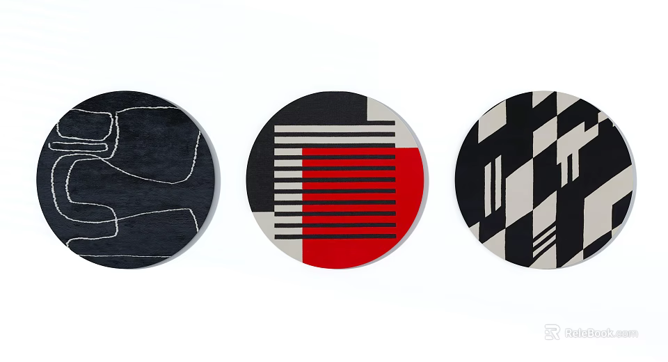 Round Rugs With Geometric Patterns In Black White Red Modern Design 3d model
