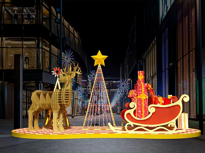 Festive Christmas Night Decorations With Illuminated Tree Reindeer Sleigh And Gifts 3d model