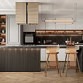 Modern Kitchen Interior With Island Bar Stools Pendant Lights And Cabinets 3d model