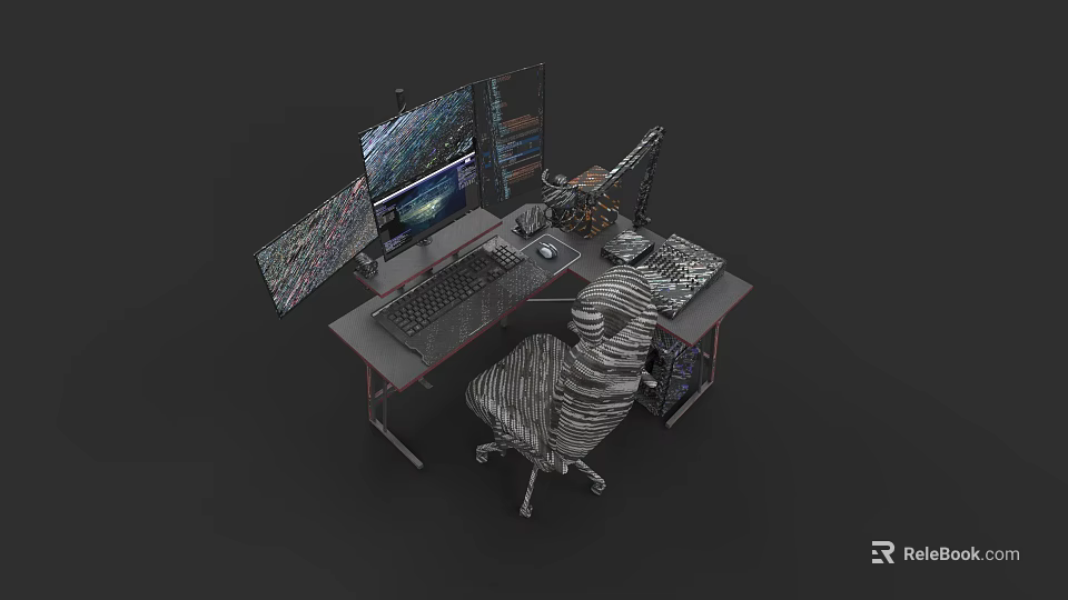 Modern Office Desk Setup With Multiple Monitors Keyboard Mouse Storage Cabinet And Ergonomic Chair 3d model 