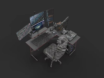 Modern Office Desk Setup With Multiple Monitors Keyboard Mouse Storage Cabinet And Ergonomic Chair 3d model