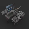 Modern Office Desk Setup With Multiple Monitors Keyboard Mouse Storage Cabinet And Ergonomic Chair