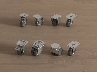 Set of Metal Casters with Various Designs Placed on Wooden Floor 3d model
