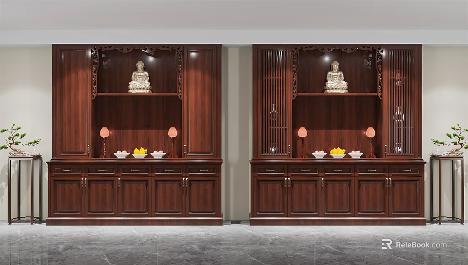 Traditional Solid Wood Buddhist Shrine Cabinet With Carved Details And Buddha Statue 3d model 