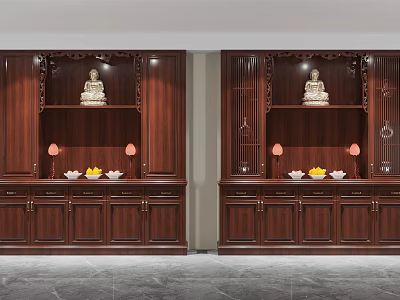 Traditional Solid Wood Buddhist Shrine Cabinet With Carved Details And Buddha Statue 3d model