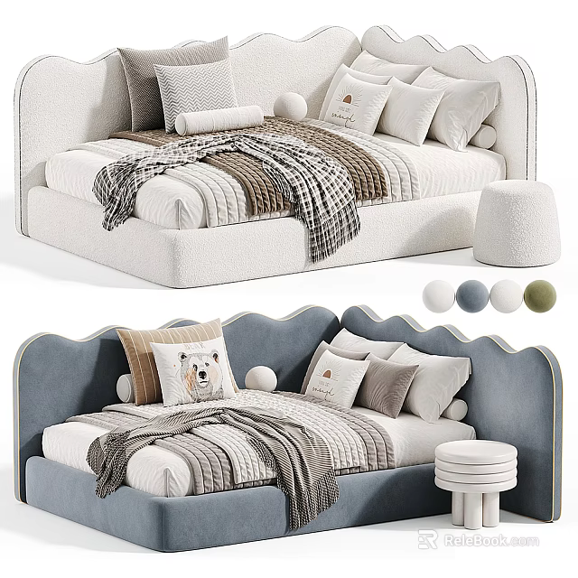 Cozy Upholstered Sofa Bed Design With Soft Pillows Blanket And Ottoman 3d model 