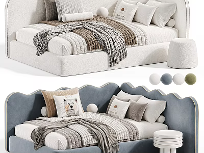 Cozy Upholstered Sofa Bed Design With Soft Pillows Blanket And Ottoman 3d model