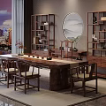 Chinese Style Wooden Tea Table and Chairs in Elegant Living Room with Bookshelves and Decorations