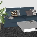 Blue Two Seater Sofa With Patterned Pillows Plant And White Coffee Table On Geometric Rug 3d model