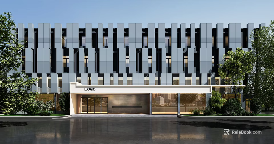 Modern Storefront Entrance Design With Glass Doors Metal Panel Facade LOGO Sign And Greenery 3d model 