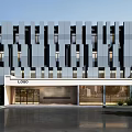 Modern Storefront Entrance Design With Glass Doors Metal Panel Facade LOGO Sign And Greenery