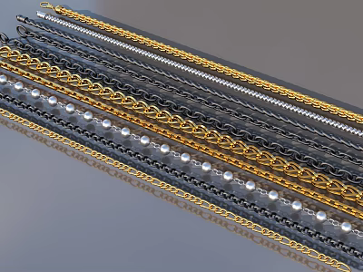 Stylish Varied Jewelry Necklace Chains With Gold Silver Black And Pearl Accents 3d model Stylish Varied Jewelry Necklace Chains With Gold Silver Black And Pearl Accents 3d model