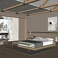 Minimalist Bedroom Interior With Wooden Ceiling Beams Flooring Bed Rug And Window Side Chair