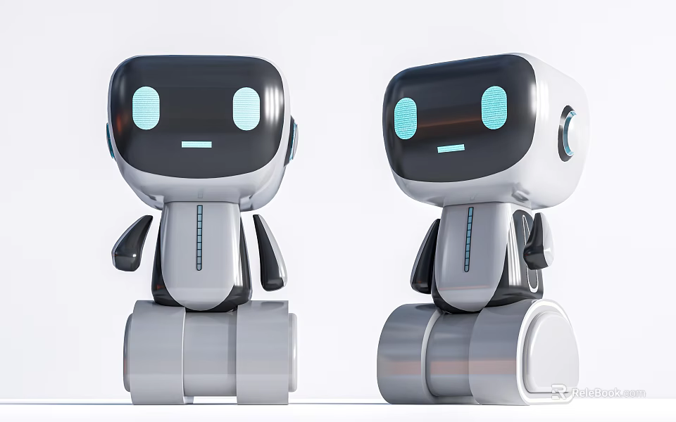 Smart Robots With Modern Design Blue Eyes White Black Body And Wheeled Legs Standing Together 3d model 