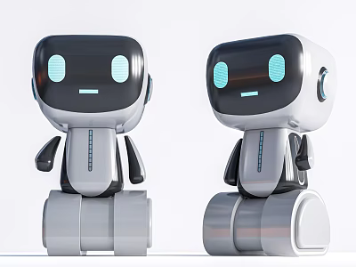 Smart Robots With Modern Design Blue Eyes White Black Body And Wheeled Legs Standing Together 3d model