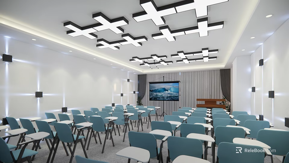 Modern Conference Room Interior With Blue Chairs White Tables And Cross Shaped Ceiling Lights 3d model 