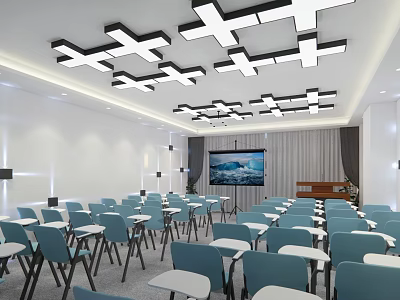 Modern Conference Room Interior With Blue Chairs White Tables And Cross Shaped Ceiling Lights 3d model