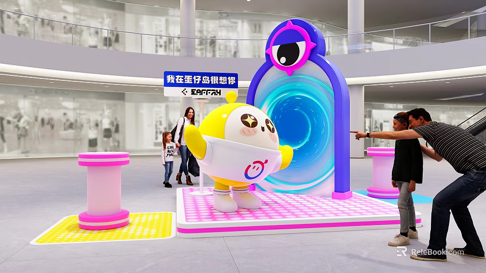 Interactive Zone With Cartoon Character Blue Ring Pink Platform And People Interaction Digital Twin Experience 3d model 