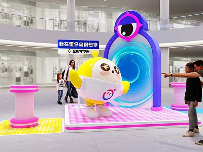 Interactive Zone With Cartoon Character Blue Ring Pink Platform And People Interaction Digital Twin Experience 3d model