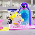 Interactive Zone With Cartoon Character Blue Ring Pink Platform And People Interaction Digital Twin Experience 3d model