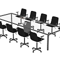 Modern Office Meeting Table with Glass Top and Metal Frame Surrounded by Black Office Chairs