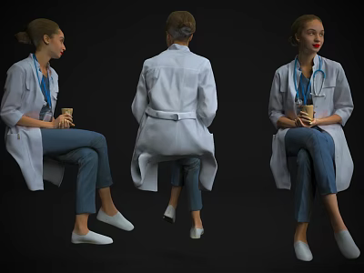 Woman In White Coat And Blue Scrubs With Stethoscope Sitting Holding Cup 3d model