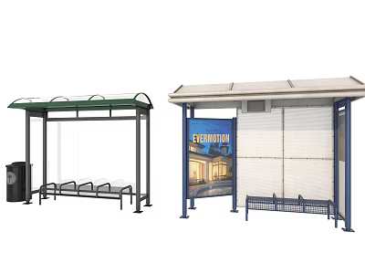 Public Bus Shelter Facilities With Green Roof Blue Frame Bench Trash Can And Advertisement Board 3d model