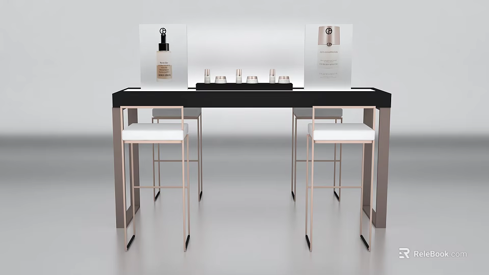 Modern Display Shelf With Black Counter Metal Frame White Stools And Cosmetic Products 3d model 