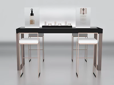 Modern Display Shelf With Black Counter Metal Frame White Stools And Cosmetic Products 3d model