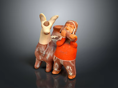 Clay Sculptures Featuring Llama and Flute Playing Figure with Orange Attire and Textured Patterns 3d model