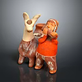 Clay Sculptures Featuring Llama and Flute Playing Figure with Orange Attire and Textured Patterns