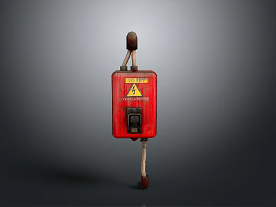 Red Electrical Control Unit With Danger Warning Sign Button And Connected Wires 3d model