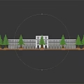 Circular Stadium Equipment Featuring Football Field Blue Stands White Buildings And Green Trees