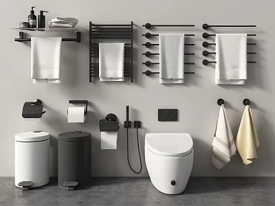 Modern Bathroom Set With Towel Racks Toilet Trash Cans Toilet Paper Holders And Towels 3d model