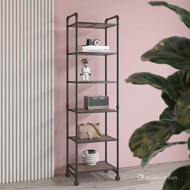 Black Metal Shelving Unit with Camera Books Figurine near Pink Wall and Green Plant 3d model 