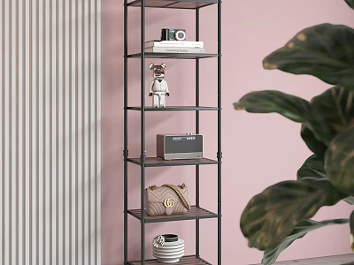 Black Metal Shelving Unit with Camera Books Figurine near Pink Wall and Green Plant 3d model