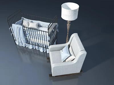 Stylish Black Pet Cabinet With Blue Blanket Pillows Gray Rocking Chair And Floor Lamp 3d model