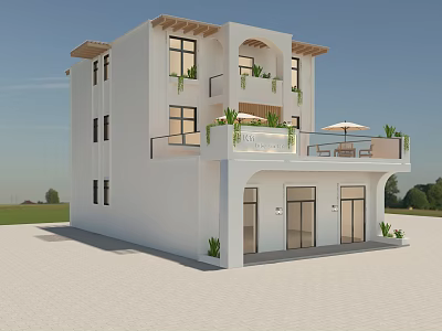 Modern White Two Story Vacation Rental Building Exterior Design With Balconies Plants And Umbrella 3d model