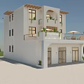 Modern White Two Story Vacation Rental Building Exterior Design With Balconies Plants And Umbrella