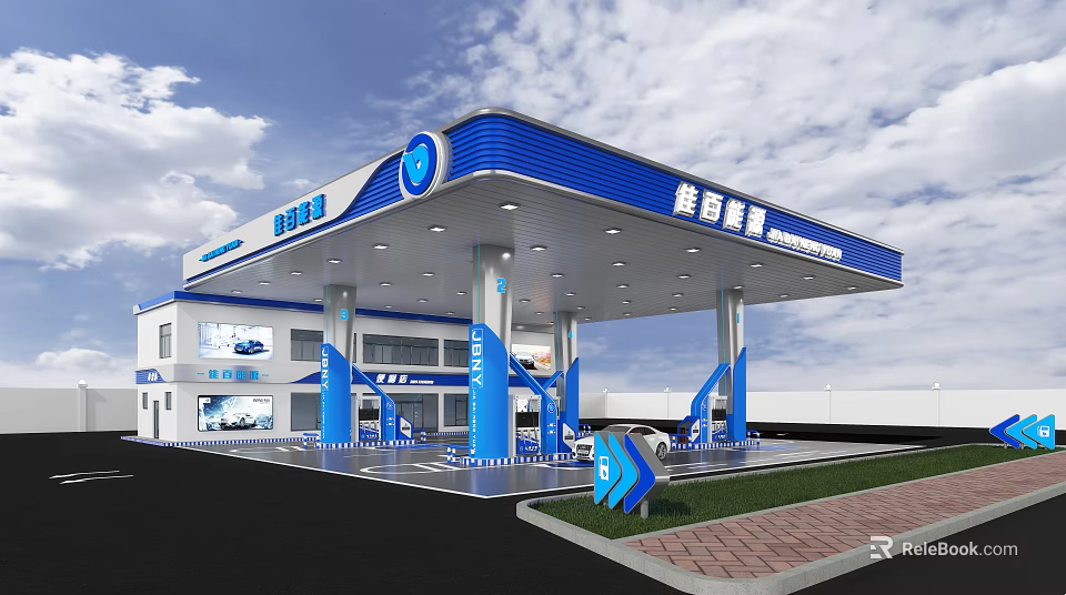 Modern Gas Station Exterior With Blue Canopy Fuel Pumps And Signage 3d model 