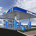 Modern Gas Station Exterior With Blue Canopy Fuel Pumps And Signage