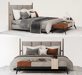 Modern Double Bed End Stool Carpet Quilt Bedding Pillow 3d model
