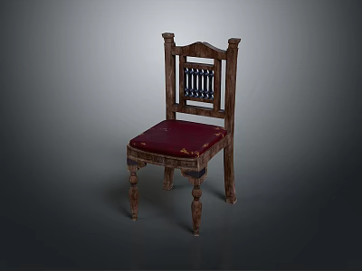 Vintage Wooden Single Chair With Red Upholstered Seat And Carved Backrest 3d model