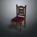 Vintage Wooden Single Chair With Red Upholstered Seat And Carved Backrest