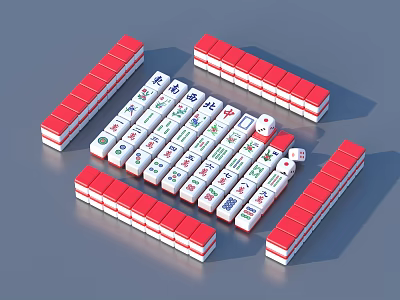 Traditional Mahjong Tiles Collection With Red White Edges Numbers Symbols And Dice 3d model