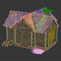 Traditional Log Cabin With Thatched Roof Wooden Logs Stack And Green Plants