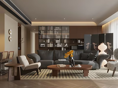 Warm Elegant Living And Dining Room With Plush Sofa Wooden Coffee Table And Storage Bookshelf 3d model