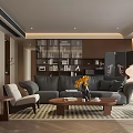 Warm Elegant Living And Dining Room With Plush Sofa Wooden Coffee Table And Storage Bookshelf